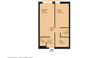 Grundrissplan einer Wohnung im Obergeschoss mit Balkon, offenem Wohnbereich und separatem WC.