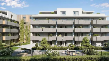 Moderne Wohnanlage mit mehreren Balkonen und gepflegter Grünfläche unter blauem Himmel.
