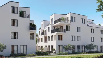 Moderne Wohngebäude mit weißer Fassade, Balkonen und Terrassen in grüner Umgebung.