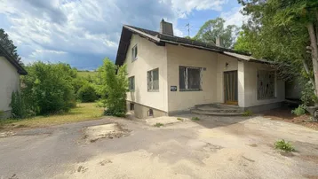 Ansicht des Einfamilienhauses von vorne mit Zufahrt und umliegender Natur.