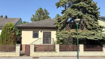 Einfamilienhaus mit Vorgarten, Zaun und großem Nadelbaum vor der Fassade.