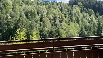 Blick von einem Balkon auf einen dichten Wald und grüne Hügel unter blauem Himmel.