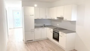 Moderne Einbauküche mit weißen Schränken, integrierten Geräten und hellem Parkettboden.
