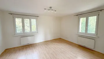 Helles Zimmer mit zwei Fenstern, Laminatboden und weißen Wänden, ideal als Wohn- oder Schlafzimmer.