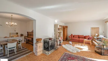 Geräumiger Wohn- und Essbereich mit Parkettboden, Kaminofen und traditionellen Teppichen.