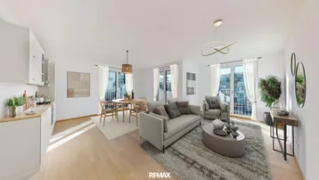 Helles, offenes Wohn-Esszimmer mit integrierter Küche und Zugang zum Balkon in modernem Stil.