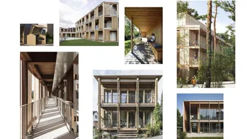 Eine Collage moderner Gebäude mit Holzfassaden, Balkonen und Außenbereichen, die eine nachhaltige Architektur zeigen.