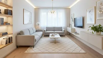 Helles, modernes Wohnzimmer mit beigen Sofas, Holzboden und indirekter Deckenbeleuchtung.