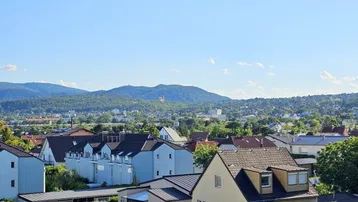 Blick über die Dächer der Stadt auf die umliegende grüne Landschaft und Berge.