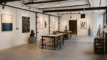 Geräumiger Kunstgalerie- oder Atelierbereich mit hohen Decken, Betonboden und industrieller Beleuchtung.