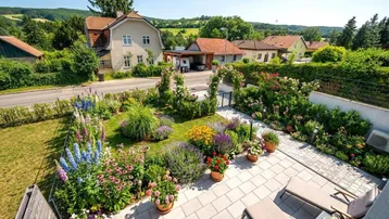 Sonnige Terrasse mit bequemen Liegestühlen, umgeben von einem farbenprächtigen Blumengarten und grüner Landschaft.