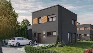 Moderne Architektur mit dunkler Fassade, Holzdetails und großzügiger Einfahrt mit Stellplatz.
