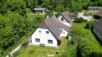 Luftaufnahme eines Hauses mit weißer Fassade und braunem Dach, umgeben von viel Grün.