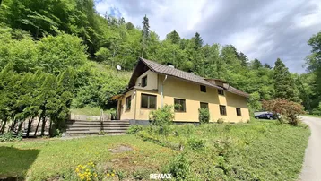 Gelbes Haus in ländlicher Umgebung mit viel Grün und bewaldetem Hügel im Hintergrund.