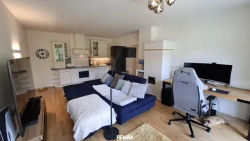 Offener Wohnbereich mit integrierter Küche, gemütlichem Sofa, Arbeitsplatz und traditionellem Kachelofen.