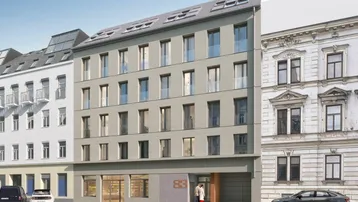 Moderne Gebäudefassade eines Neubaus mit großen Fenstern und Dachgauben in städtischer Umgebung.