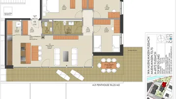 Detaillierter Grundriss einer Penthouse-Wohnung mit drei Schlafzimmern, offenem Wohnbereich und großer Terrasse.