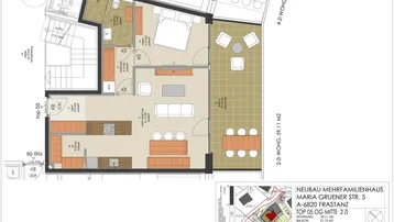 Detaillierter Grundriss einer Wohnung mit offenem Wohnbereich, Schlafzimmer und Balkon.