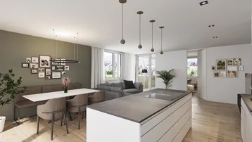 Moderner offener Wohn-Essbereich mit integrierter Küche, Holzboden und Zugang zum Balkon.