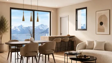Heller Wohn- und Essbereich mit moderner Einrichtung, Holzboden und beeindruckendem Bergblick.