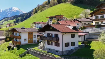 Häuser auf einem grünen Hang mit Blick auf schneebedeckte Berge und bewaldete Hügel.