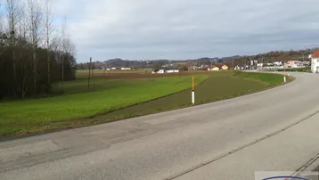 Ländliche Umgebung mit grünen Feldern, einer Straße und Häusern am Horizont unter bewölktem Himmel.