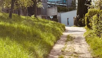Modernes Haus mit Holzfassade und großer Glasfront, umgeben von Bäumen und einem Feldweg.