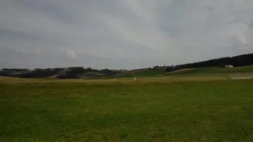 Weite grüne Felder und sanfte Hügel unter bewölktem Himmel, die eine ländliche Umgebung zeigen.