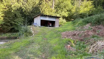 Rustikaler Holzschuppen auf einer grünen Wiese mit Wald im Hintergrund, ideal für Gartengeräte.