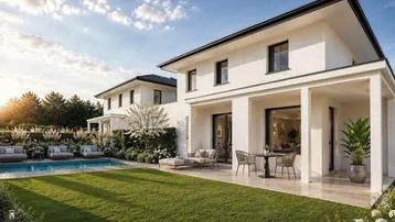 Moderne Villa mit großem Garten, privatem Pool und sonniger Terrasse für entspannte Stunden im Freien.