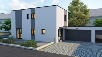 Modernes Reihenhaus mit Flachdach, Garage und gepflasterter Einfahrt.