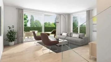 Helles Wohnzimmer mit großen Fenstern, Zugang zur Terrasse und modernem Design.