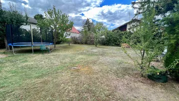 Großer Gartenbereich mit Rasenfläche und Trampolin, umgeben von Bäumen und Sträuchern.