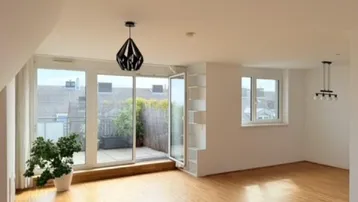 Helles Wohnzimmer mit Holzboden, großen Fenstern und direktem Zugang zu einer Terrasse.