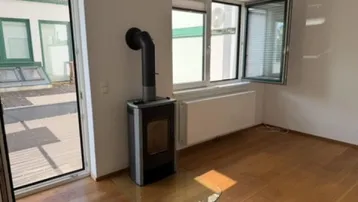 Gemütlicher Wohnbereich mit Holzboden, Kaminofen und Zugang zu einem Außenbereich.