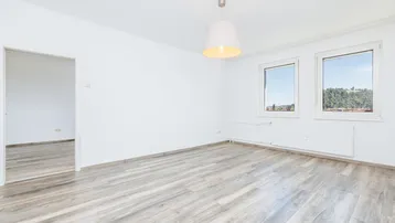 Helles, leeres Zimmer mit Laminatboden und Blick auf die grüne Umgebung.