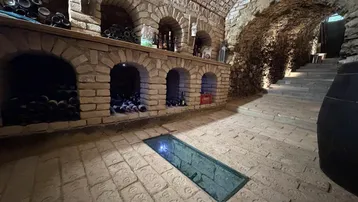 Historischer Weinkeller mit Ziegelgewölbe, gemauerten Regalen und einem Glasbodenfenster.