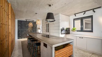 Moderne offene Küche mit Betoninsel, Holzelementen und freiliegender Betondecke.