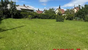 Weitläufige Rasenfläche eines Grundstücks mit umliegenden Häusern und Hecken unter blauem Himmel.