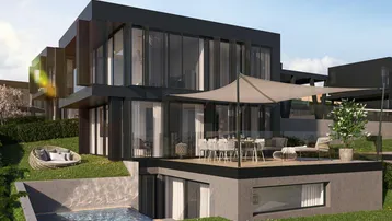 Moderne Villa mit großzügiger Terrasse, Außenpool und stilvollen Gartenmöbeln.