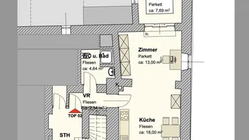 Grundrissplan der Wohnung mit Zimmern, Küche, Bad und Treppenhaus.