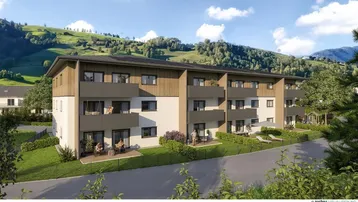 Moderne Wohnanlage mit Balkonen und Terrassen, eingebettet in eine grüne Berglandschaft.