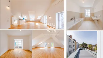 Verschiedene Ansichten einer modernen Dachgeschosswohnung mit hellen Räumen, Holzböden und einer Terrasse.