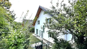 Ansicht des Hauses von der Seite, umgeben von üppigem Grün und Bäumen.