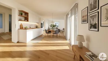 Offener Wohn- und Essbereich mit moderner Küche, Holzboden und viel Tageslicht.