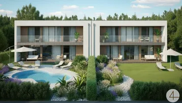Moderne Doppelhaushälfte mit Pool, Liegewiese und möblierten Terrassenbereichen im Grünen.