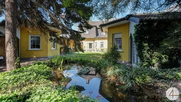 Idyllischer Gartenbereich mit einem Teich und üppiger Vegetation, umgeben von der gelben Fassade des Hauses.