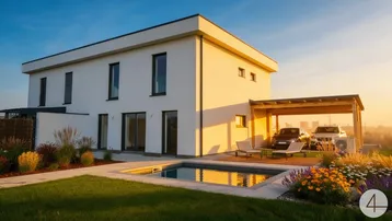 Stilvolles Einfamilienhaus mit modernem Garten, Pool und Carport in sonniger Lage am Abend.