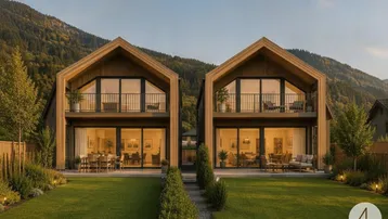 Zwei moderne Holzhäuser mit Satteldach, großen Glasfronten, Balkonen und gepflegtem Garten mit Bergblick.