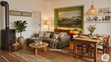 Gemütlicher Wohn- und Essbereich mit Holzofen, Holzboden und rustikalen Möbeln, ideal für gesellige Abende.